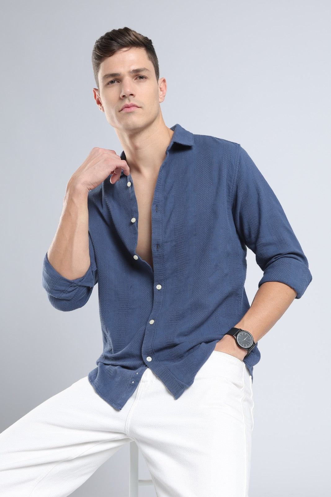 Deep Blue Dobby Stripe Casual Shirt
