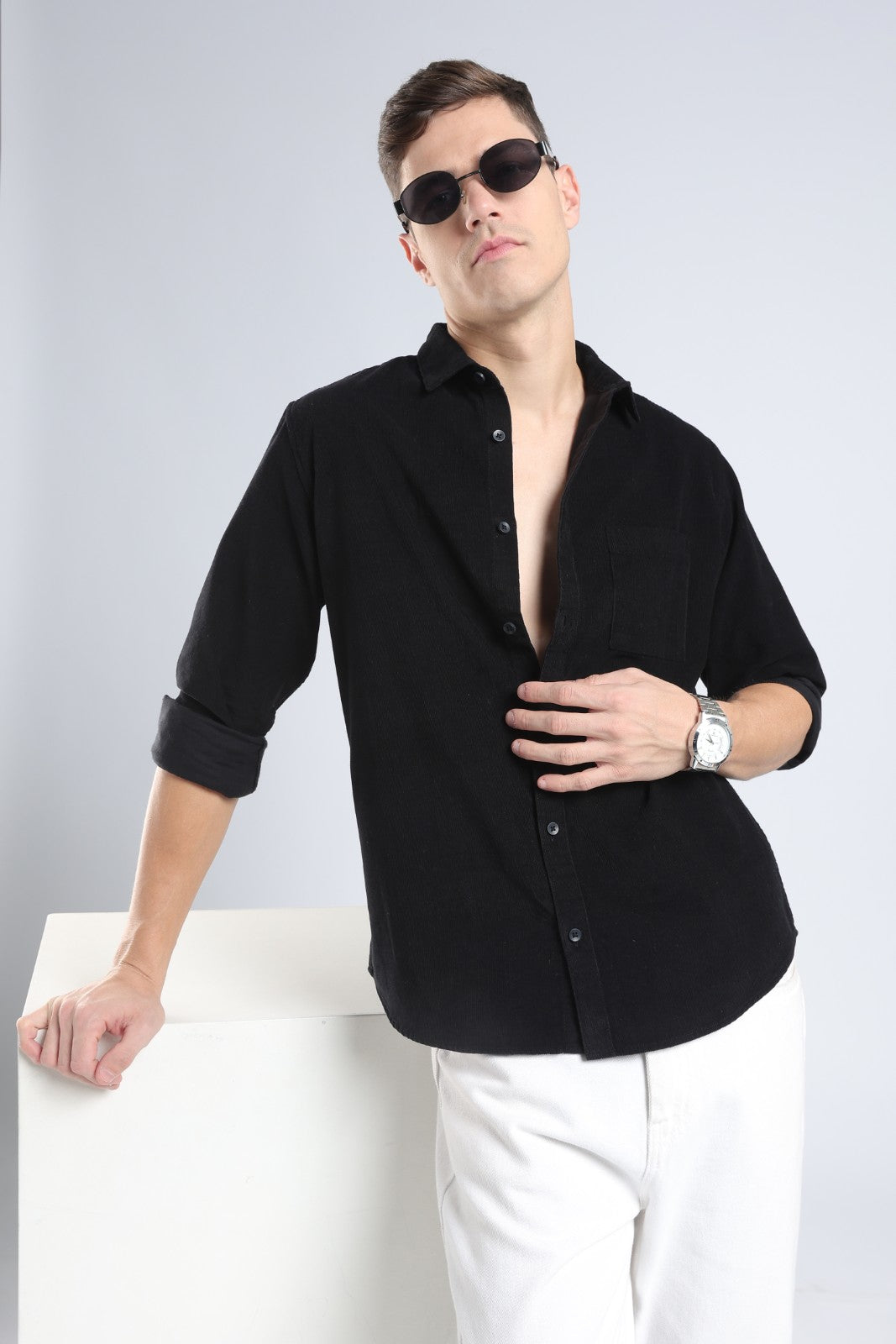 Black Corduroy Full Sleeve Shirt