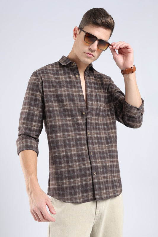 Coffee Brown Plaid Casual Shirt