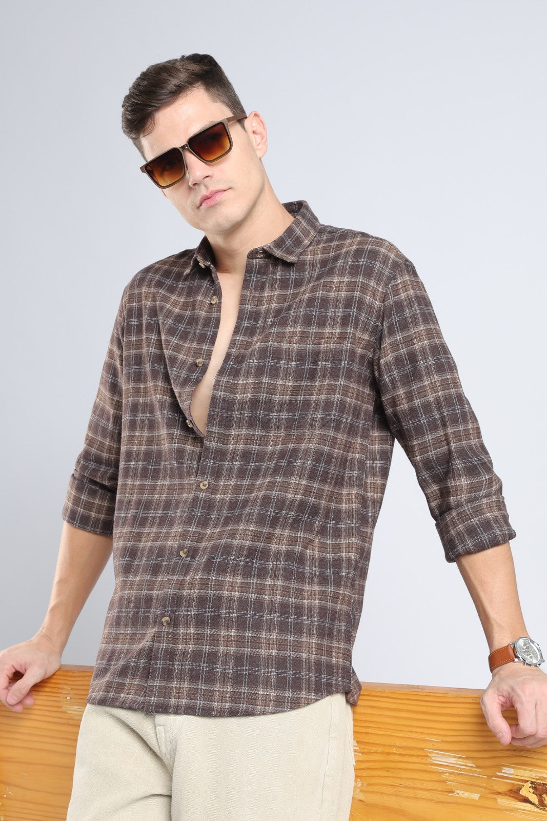 Coffee Brown Plaid Casual Shirt
