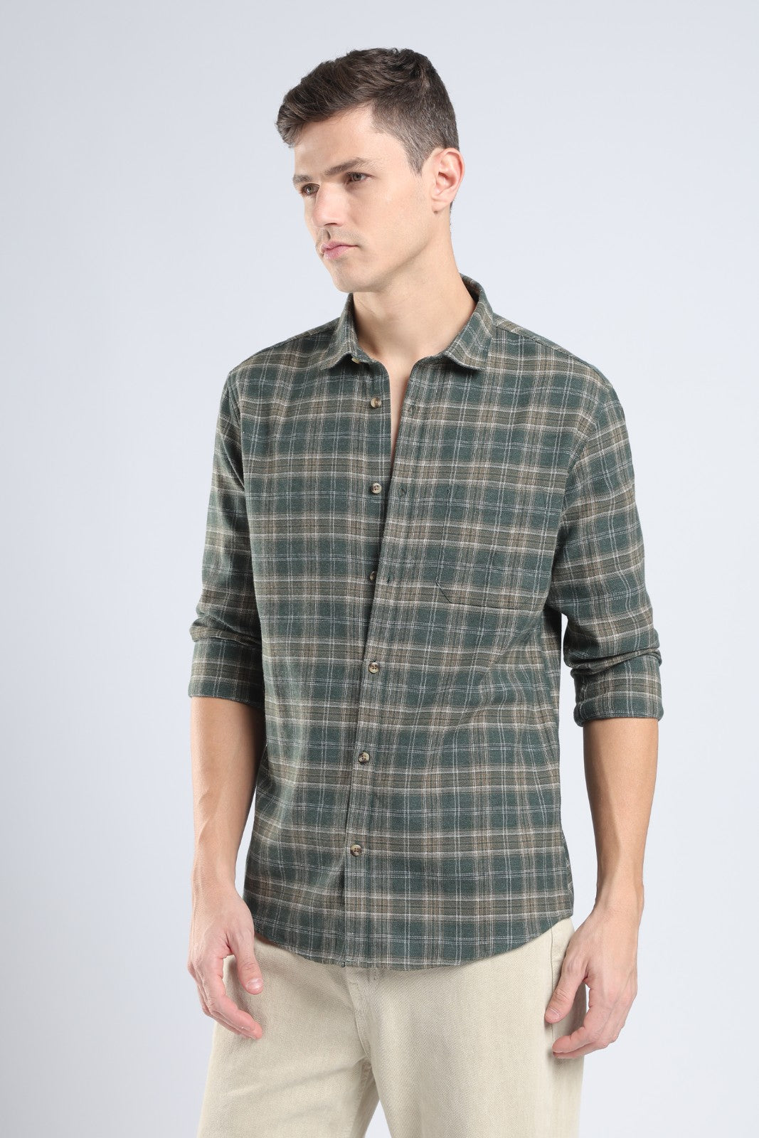 Deep Olive Plaid Casual Shirt