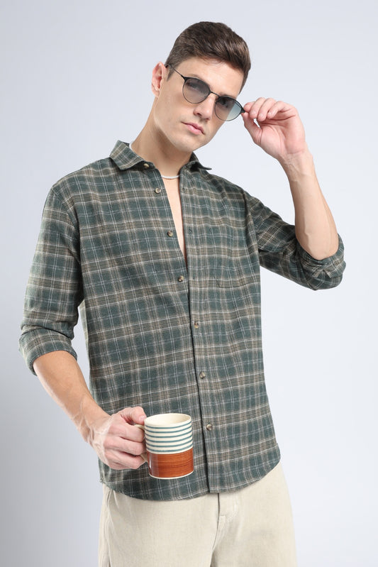 Deep Olive Plaid Casual Shirt
