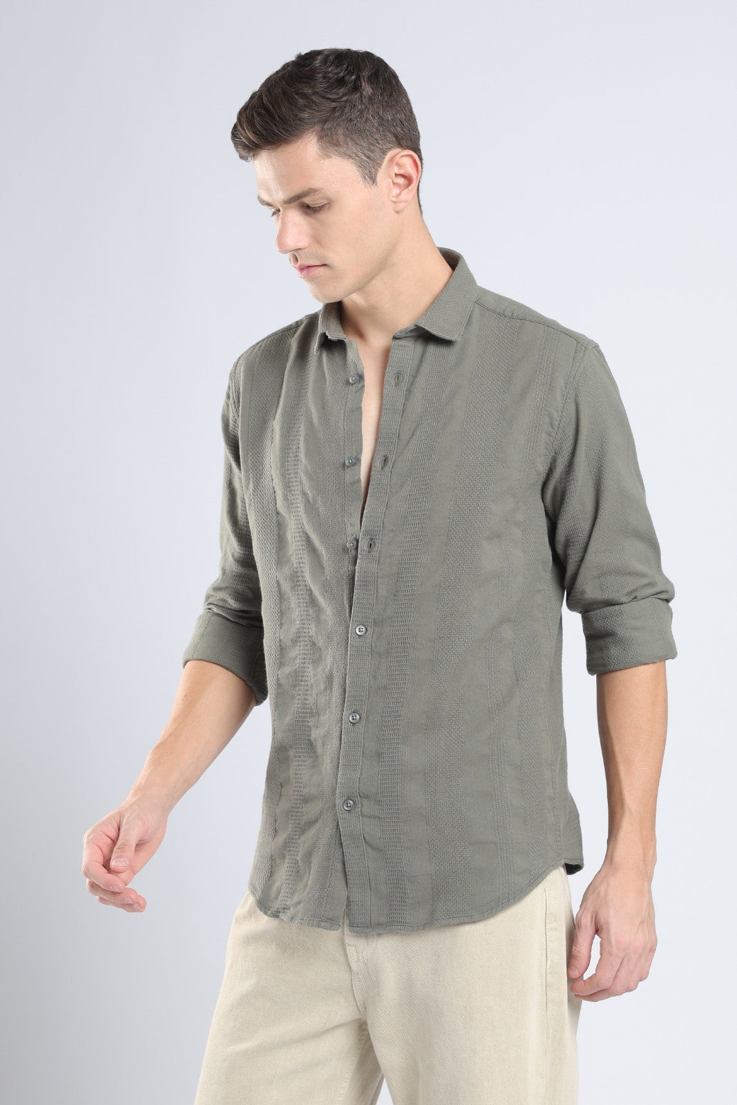 Olive Dobby Stripe Casual Shirt