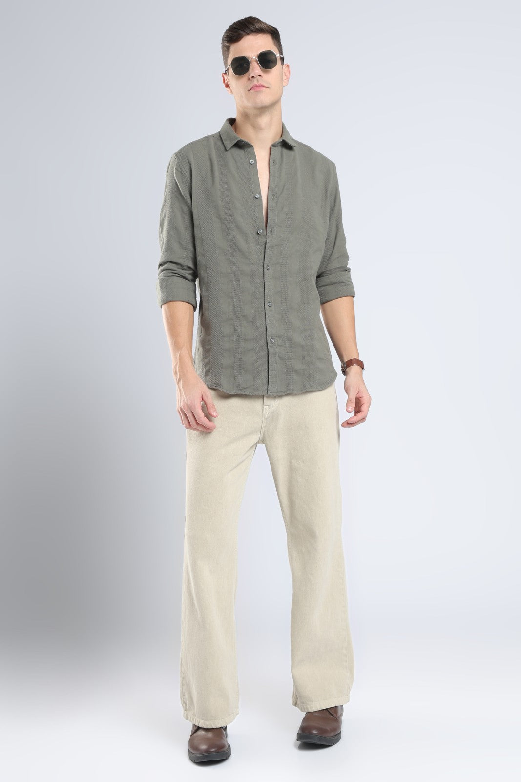 Olive Dobby Stripe Casual Shirt