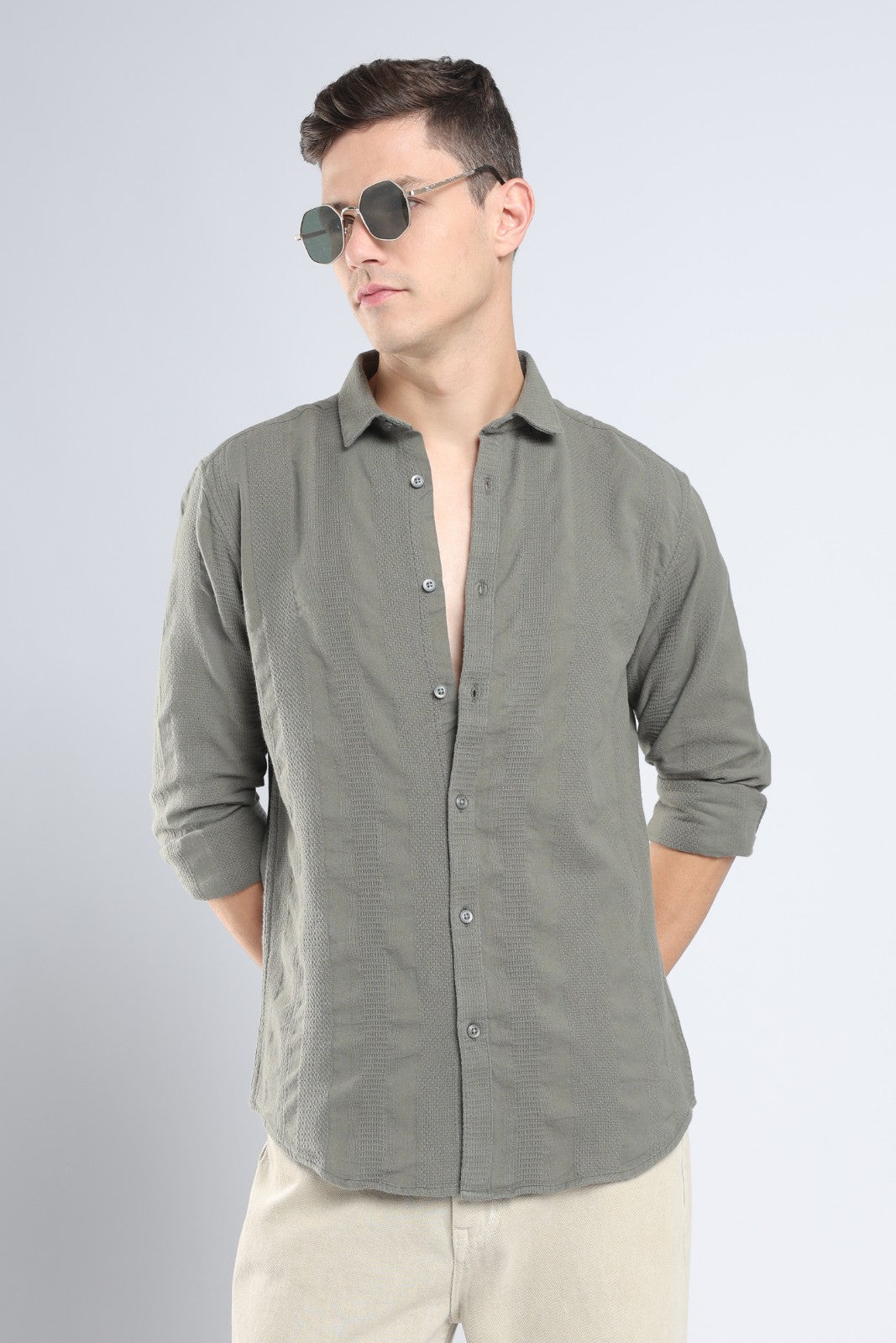 Olive Dobby Stripe Casual Shirt