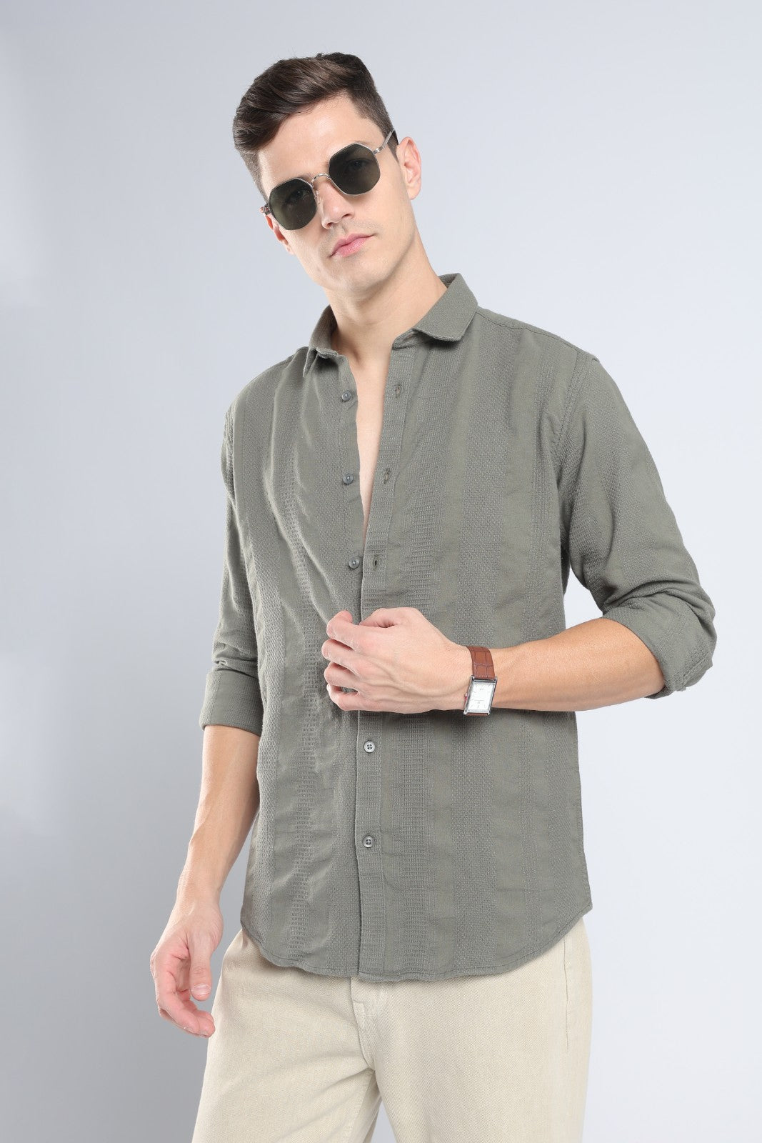 Olive Dobby Stripe Casual Shirt