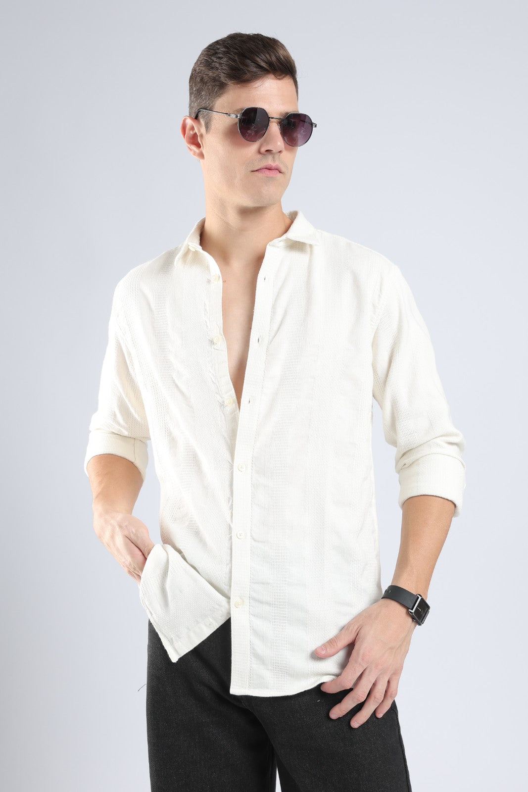 Ivory Dobby Stripe Casual Shirt