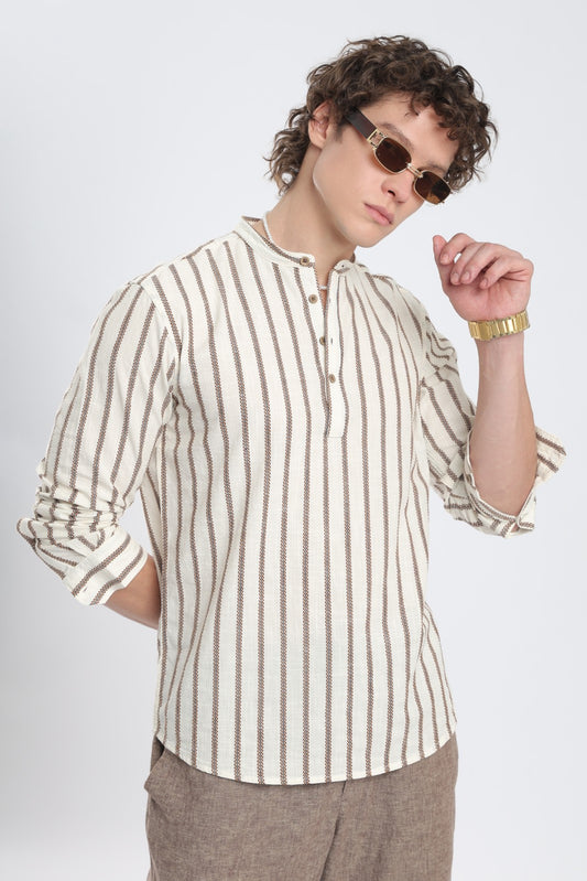 Cream Dobby Stripe Short Kurta