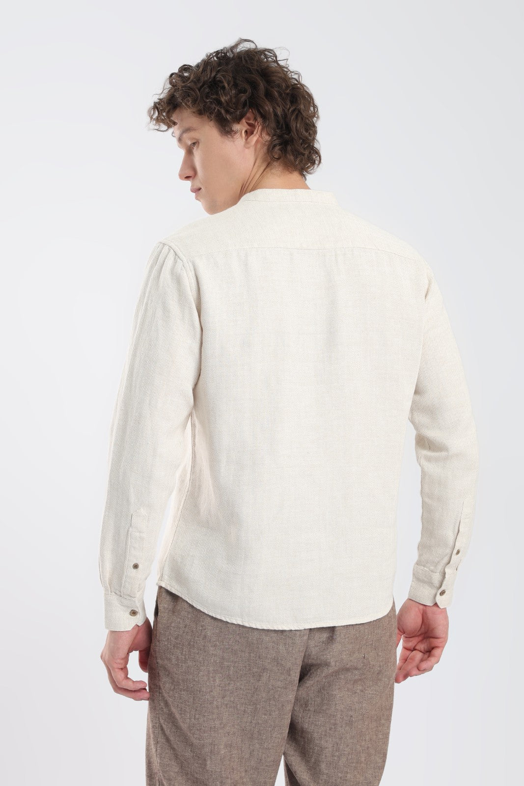 Sand Beige Herringbone Linen Blend Short Kurta