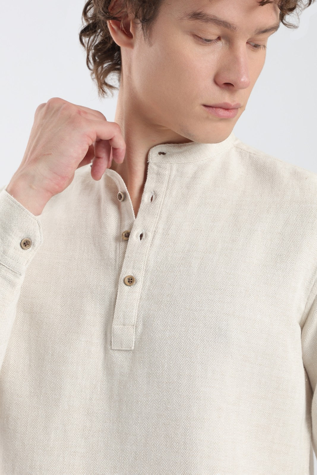 Sand Beige Herringbone Linen Blend Short Kurta