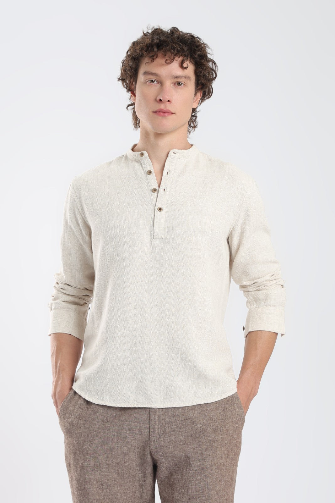 Sand Beige Herringbone Linen Blend Short Kurta