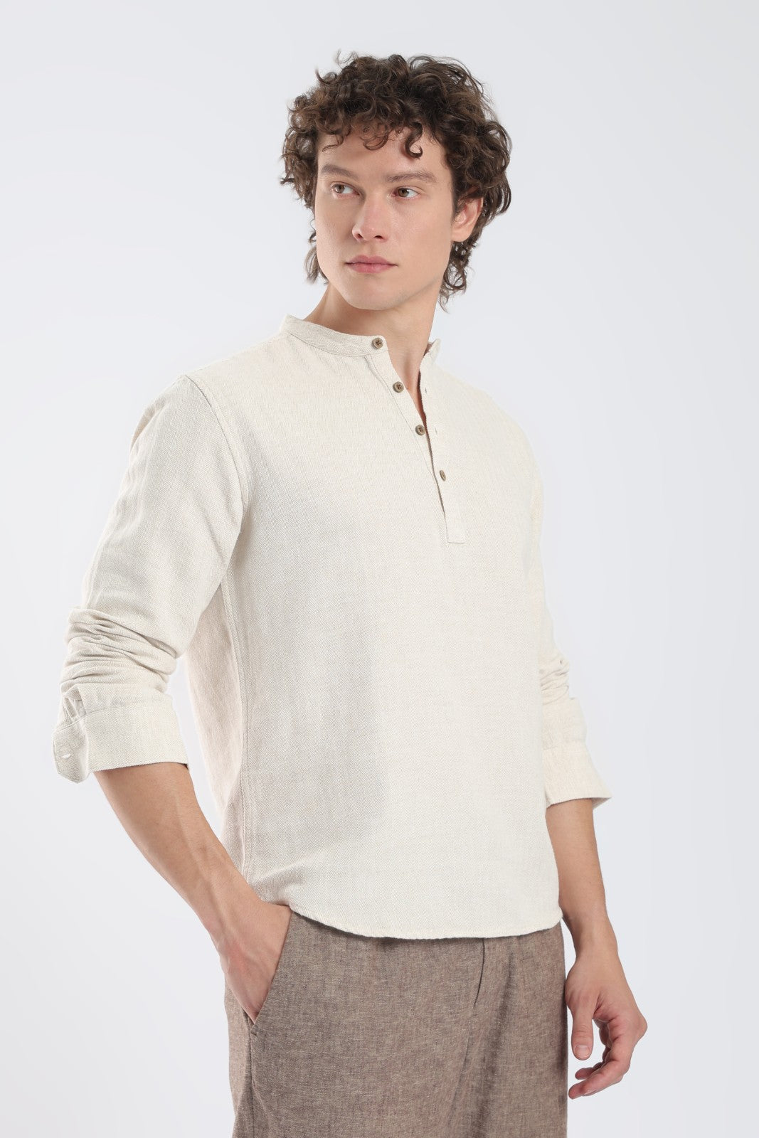 Sand Beige Herringbone Linen Blend Short Kurta