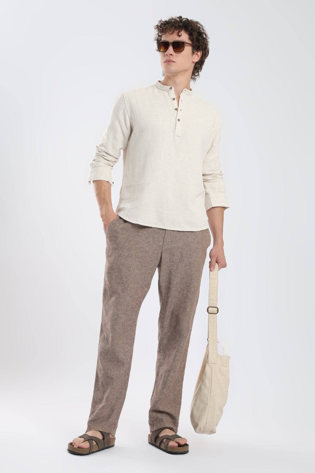 Sand Beige Herringbone Linen Blend Short Kurta