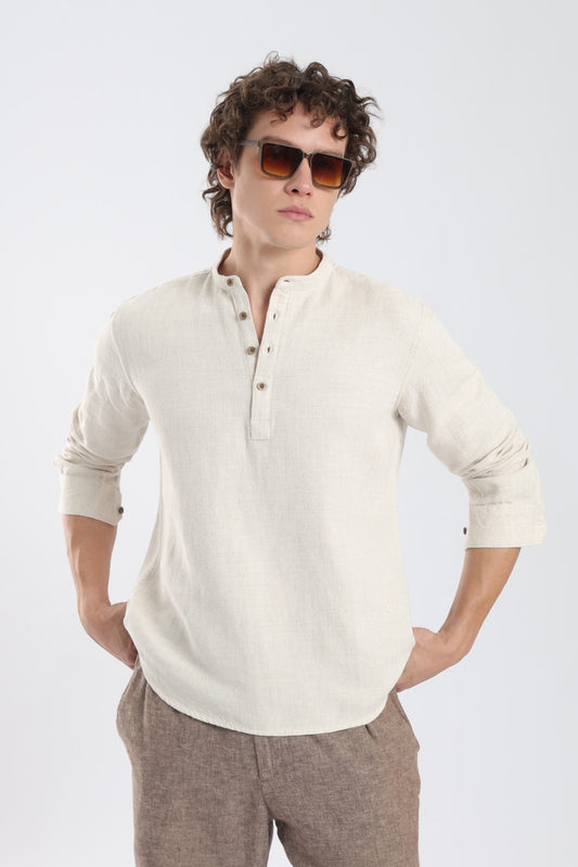 Sand Beige Herringbone Linen Blend Short Kurta
