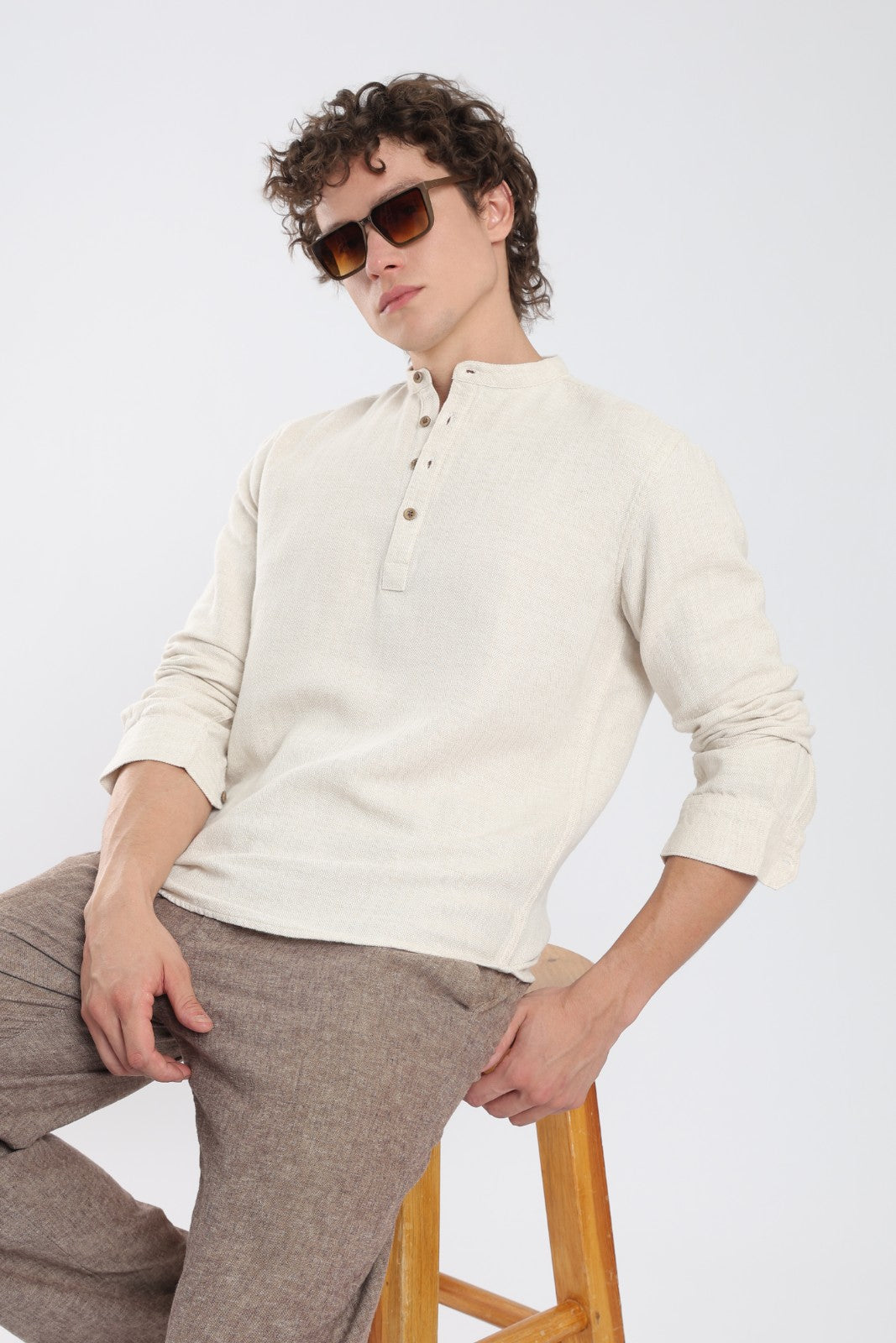 Sand Beige Herringbone Linen Blend Short Kurta