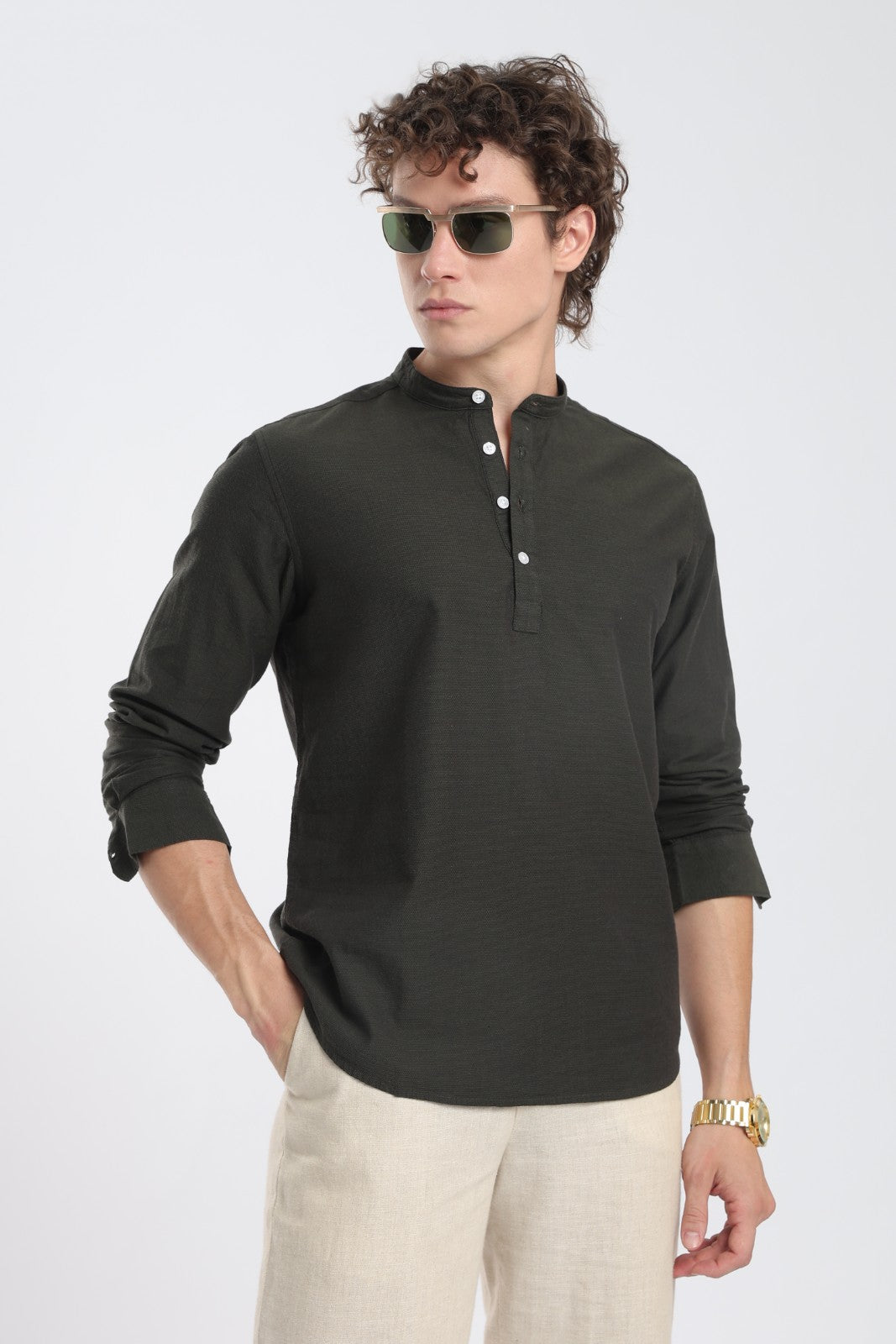Deep Olive Textured Short Kurta