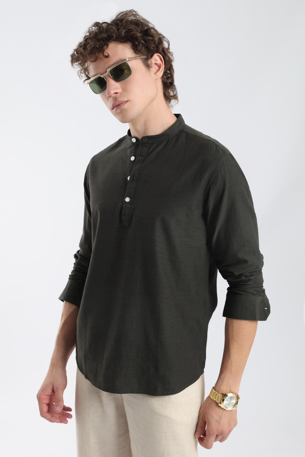 Deep Olive Textured Short Kurta