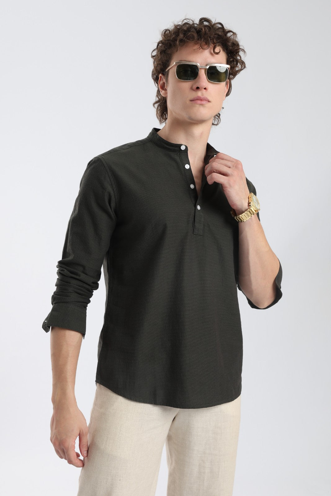 Deep Olive Textured Short Kurta