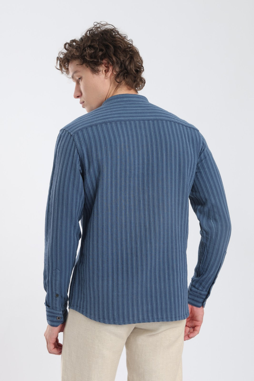 Navy Blue Double Cloth Stripe Short Kurta