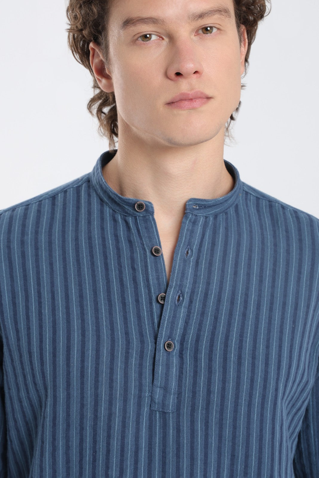 Navy Blue Double Cloth Stripe Short Kurta