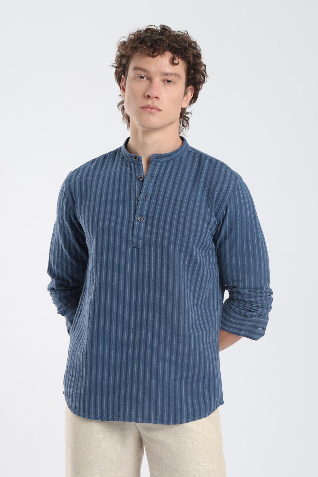 Navy Blue Double Cloth Stripe Short Kurta