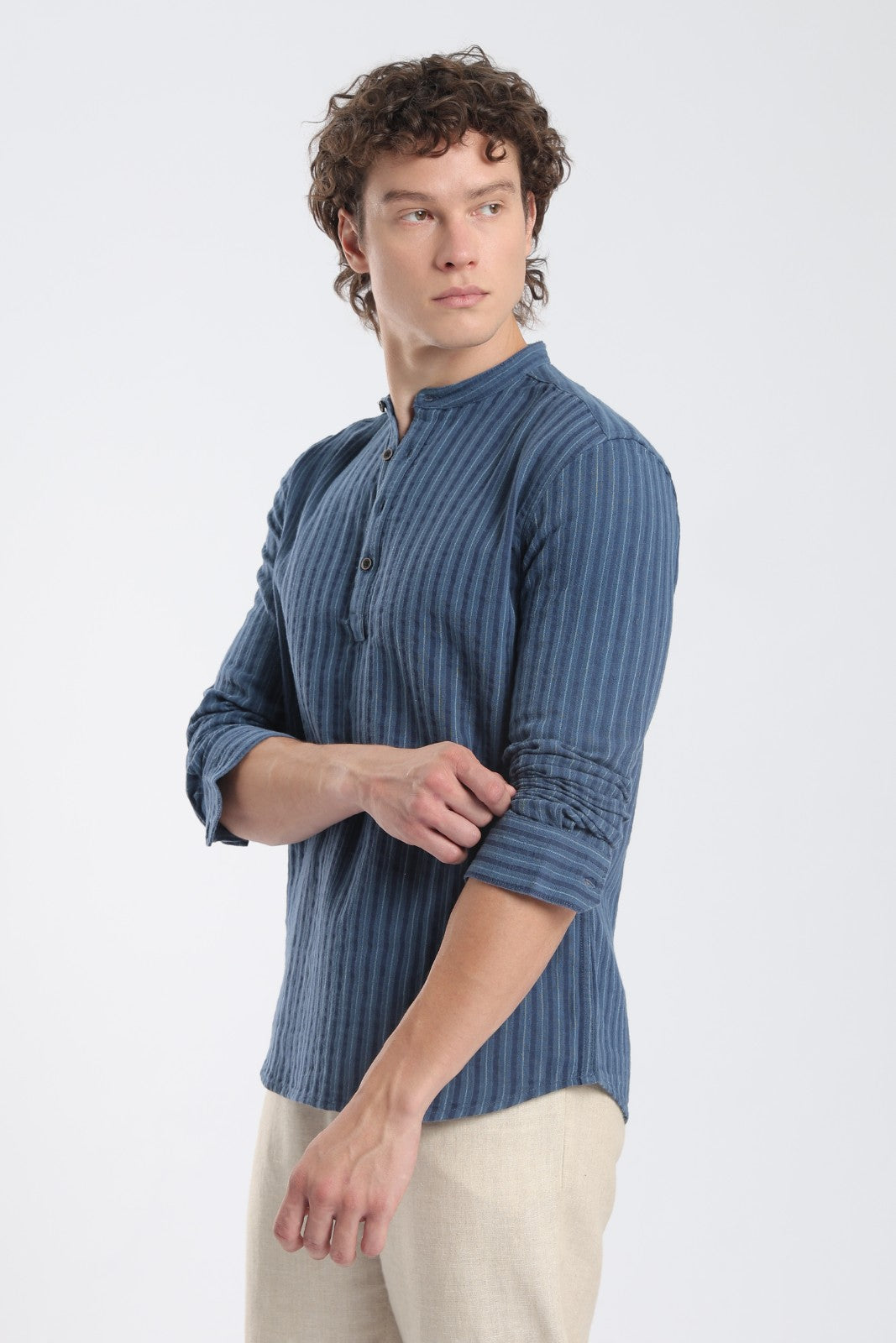 Navy Blue Double Cloth Stripe Short Kurta