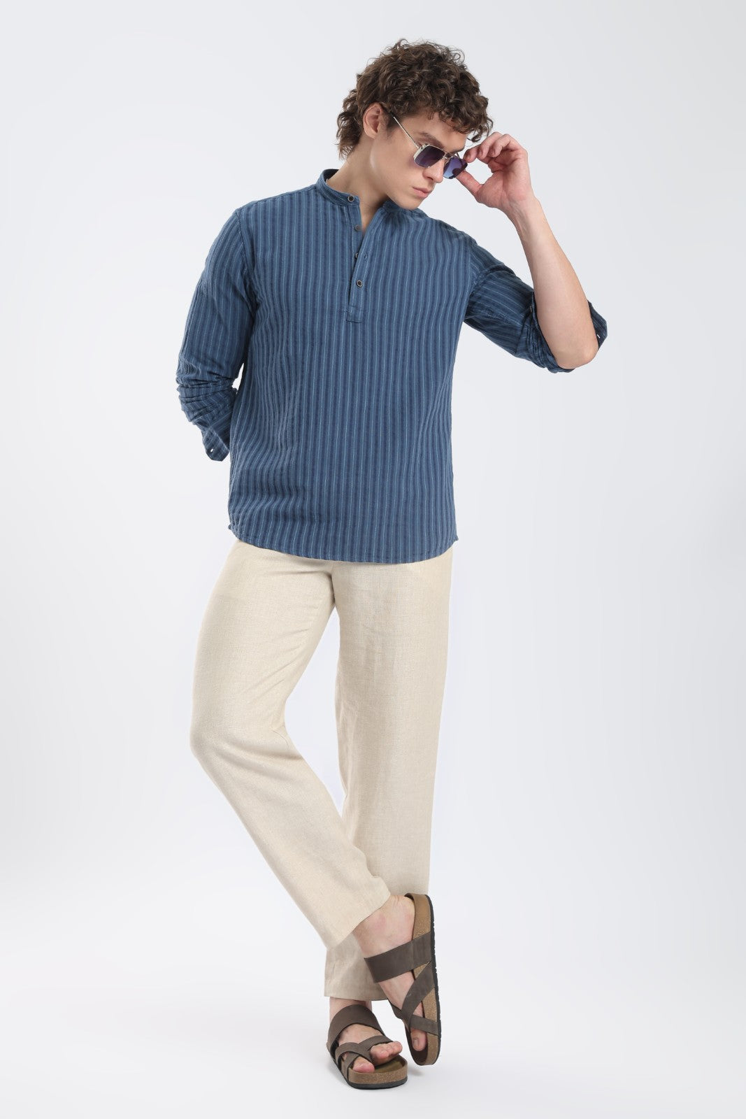 Navy Blue Double Cloth Stripe Short Kurta