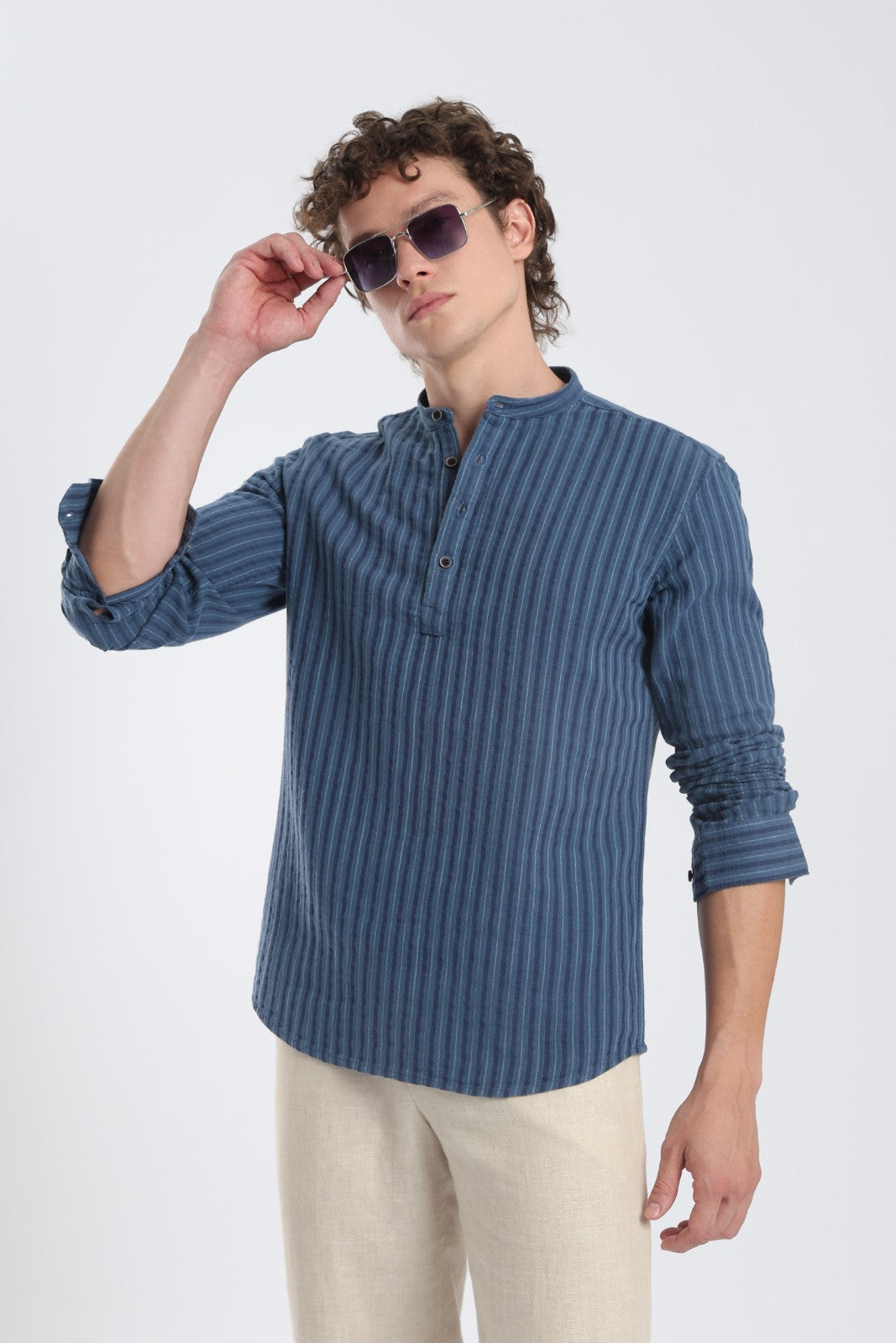 Navy Blue Double Cloth Stripe Short Kurta