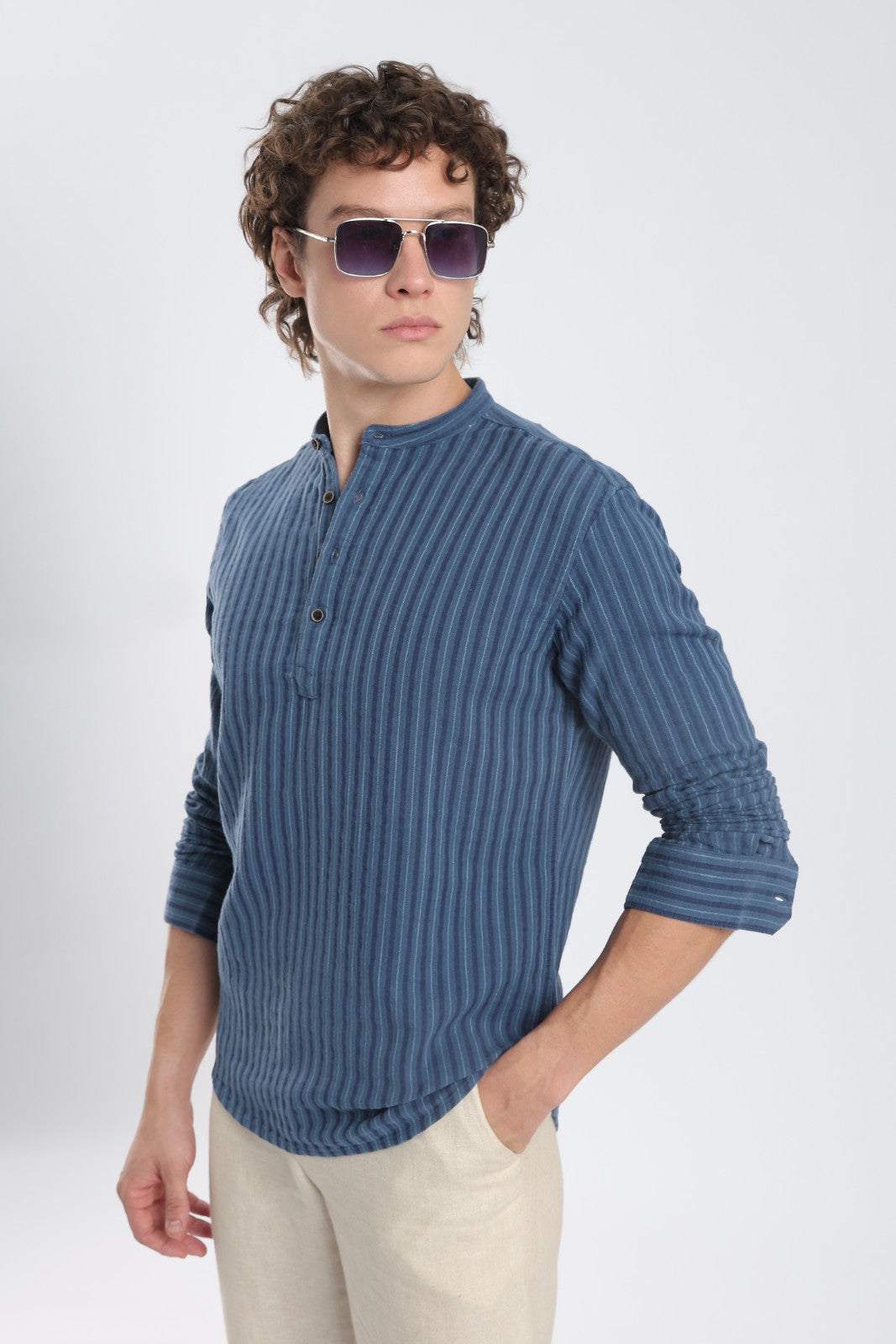 Navy Blue Double Cloth Stripe Short Kurta