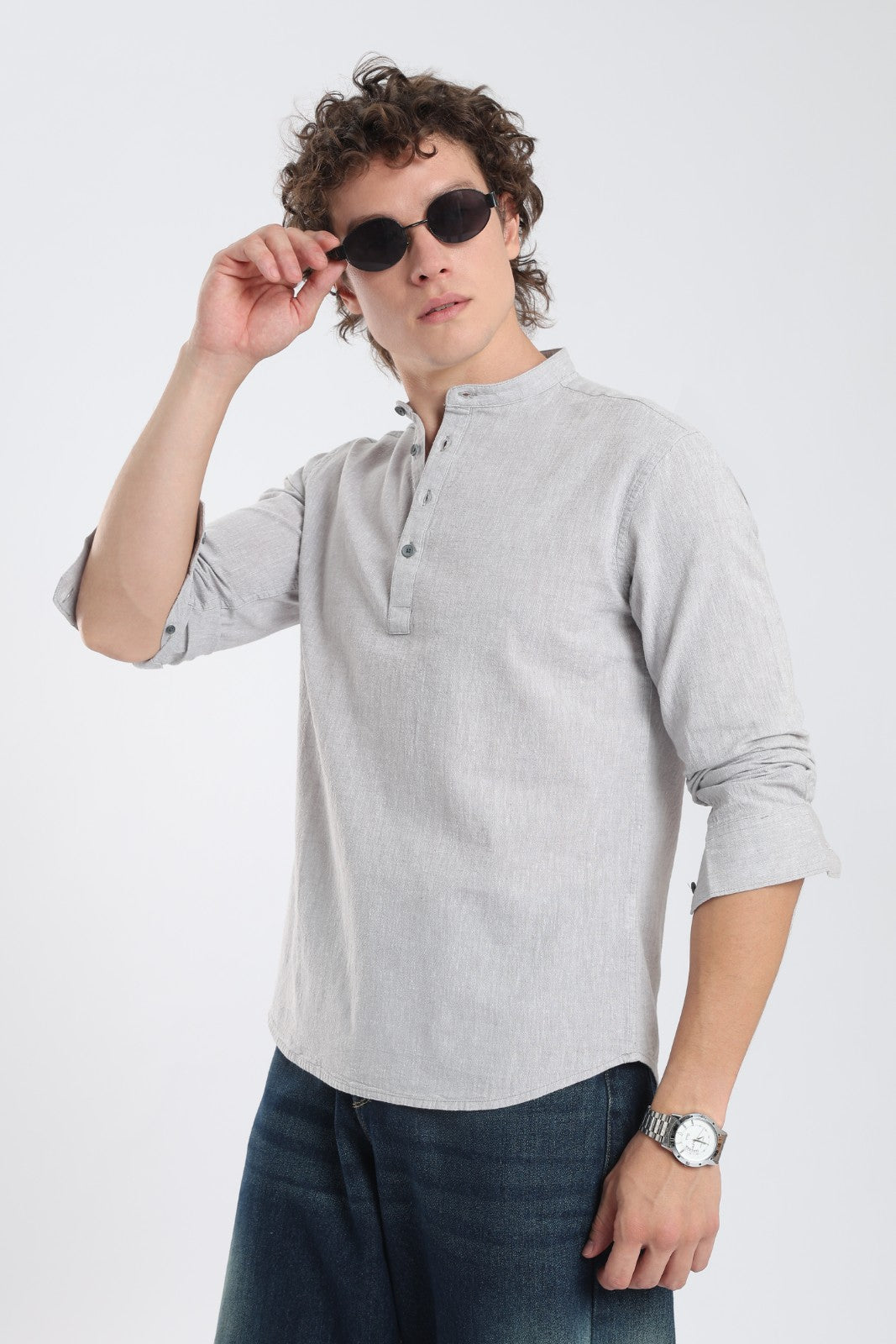 Mist Grey Linen Blend Short Kurta
