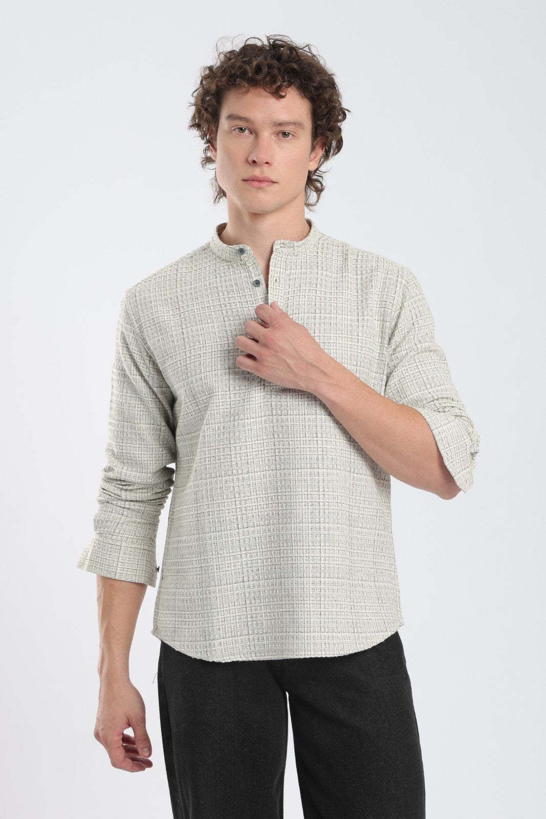 Cream & Black Honeycomb Dobby Short Kurta