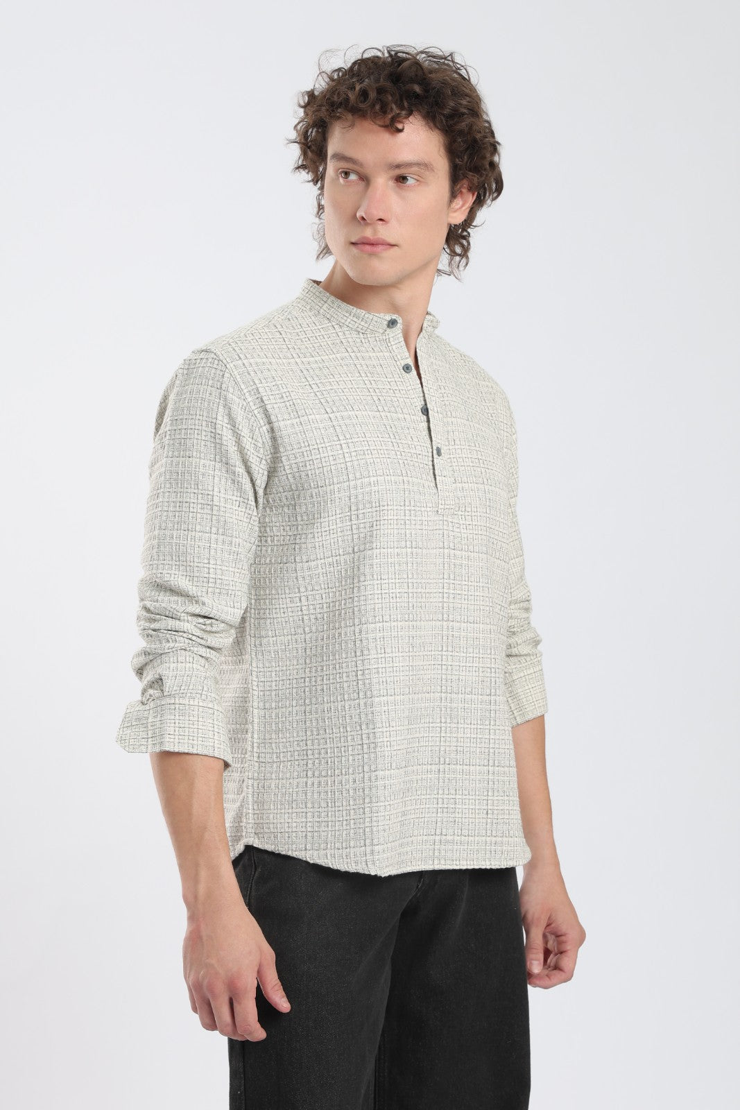 Cream & Black Honeycomb Dobby Short Kurta