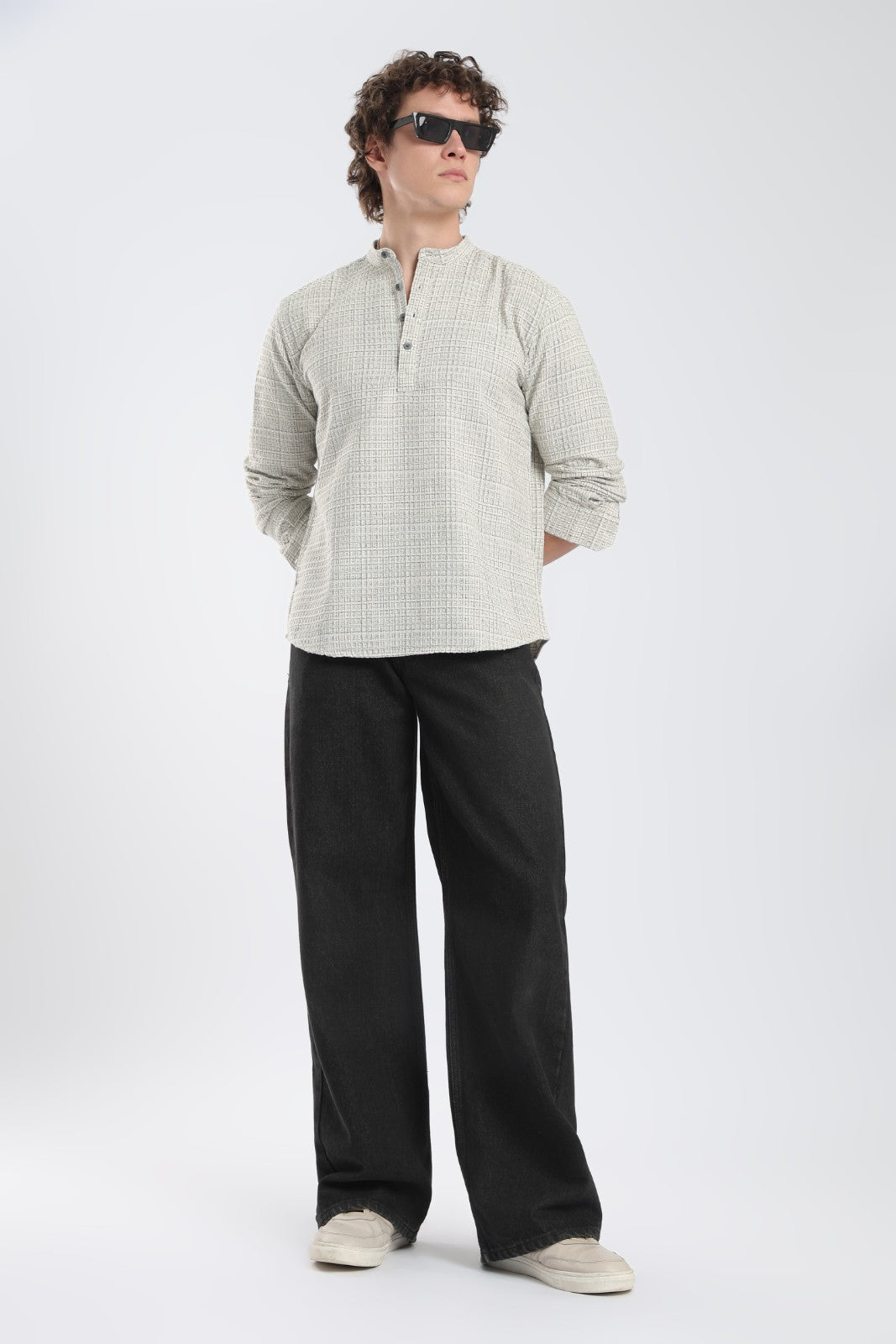 Cream & Black Honeycomb Dobby Short Kurta