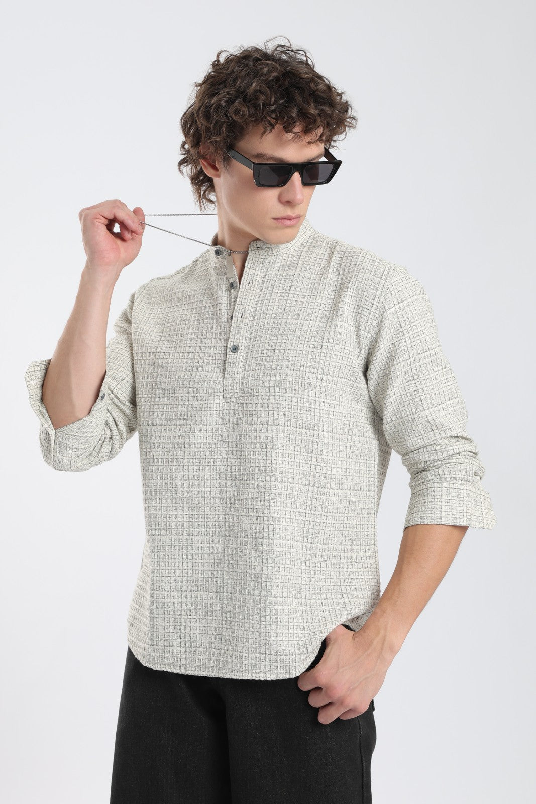 Cream & Black Honeycomb Dobby Short Kurta