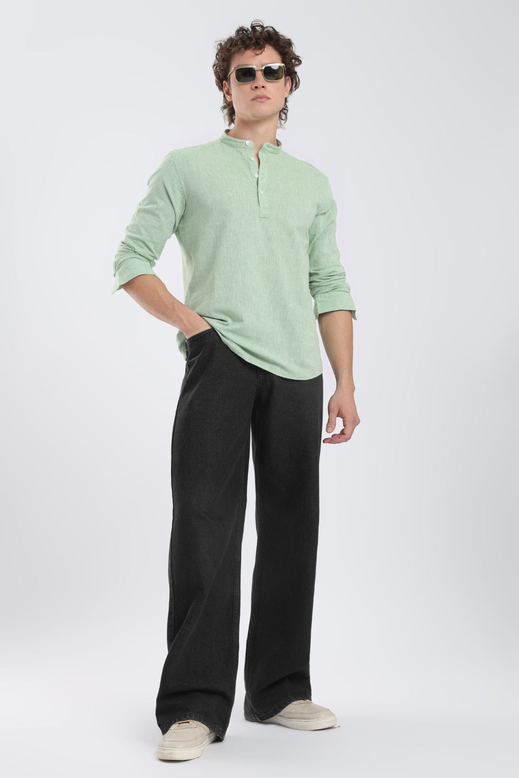 Pista Green Linen Blend Short Kurta