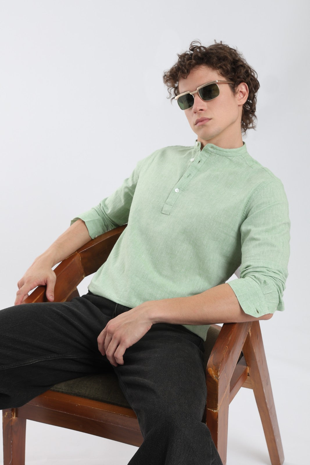 Pista Green Linen Blend Short Kurta