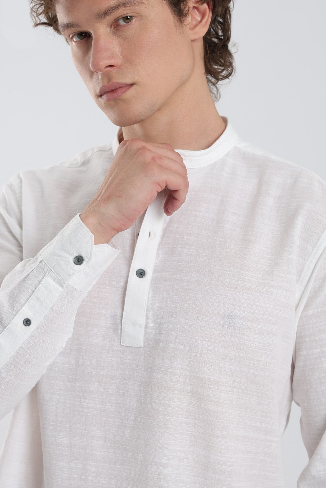 White Textured Linen Blend Short Kurta