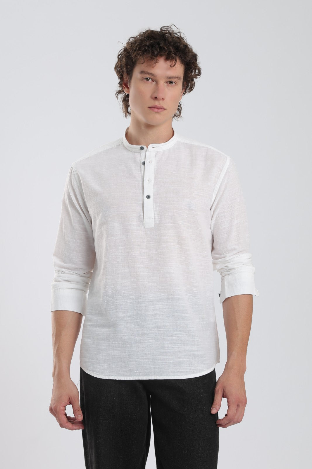 White Textured Linen Blend Short Kurta