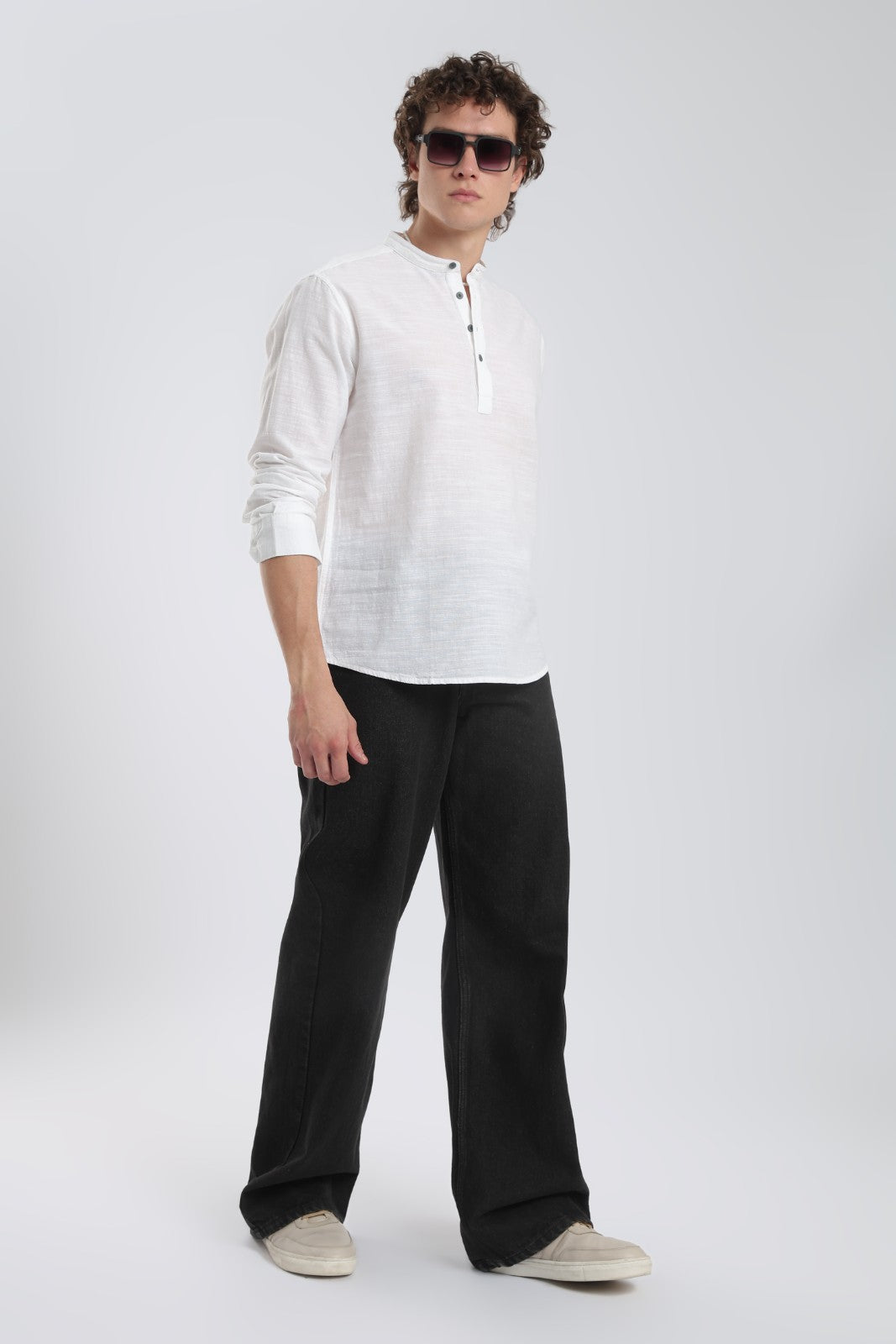 White Textured Linen Blend Short Kurta