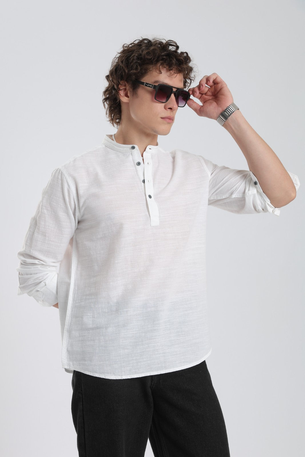 White Textured Linen Blend Short Kurta