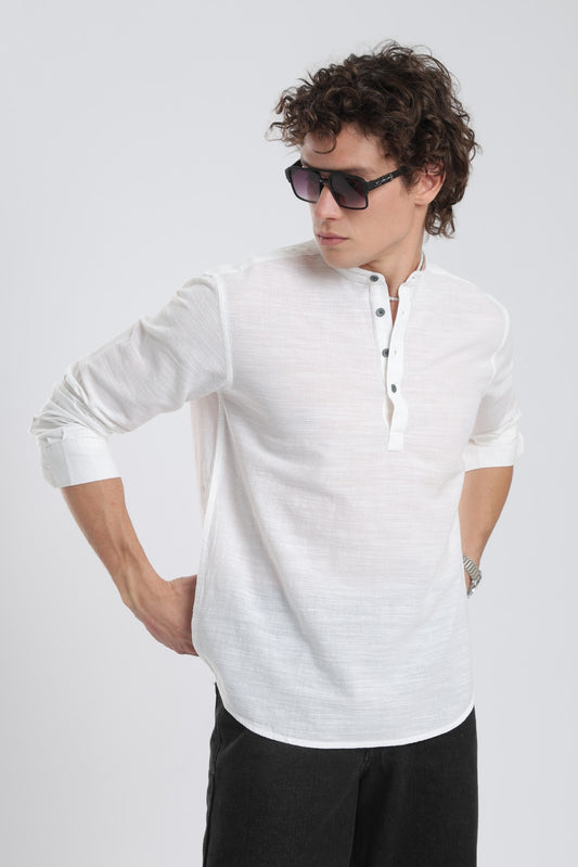 White Textured Linen Blend Short Kurta