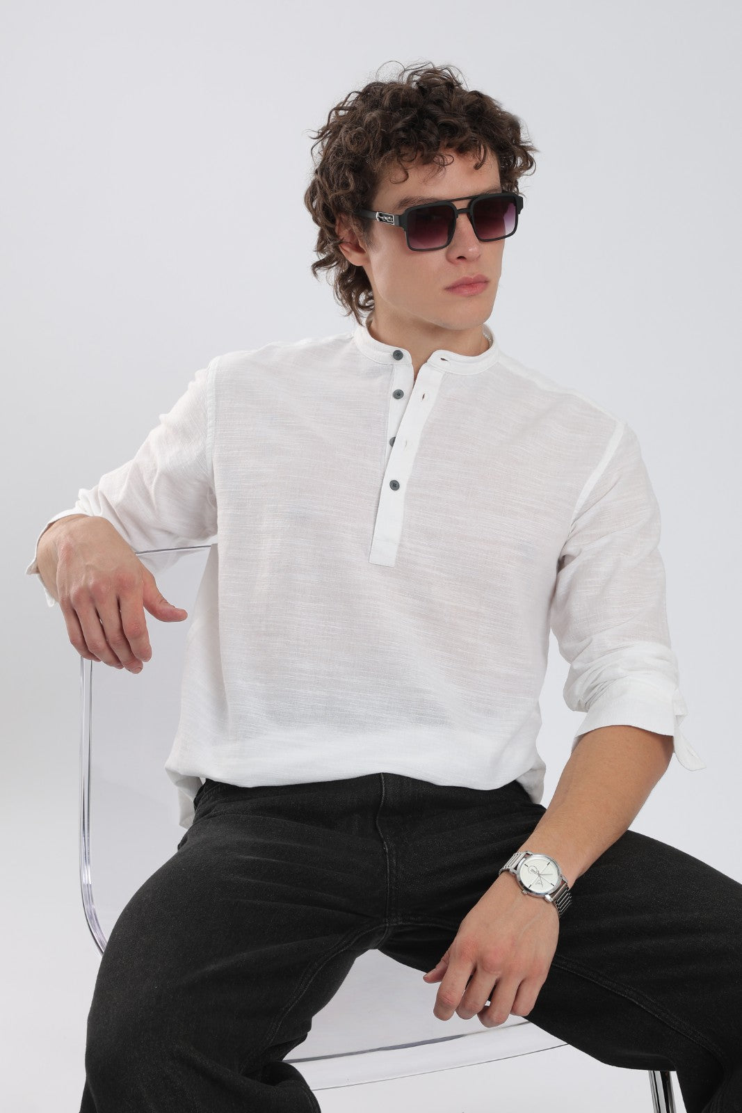 White Textured Linen Blend Short Kurta