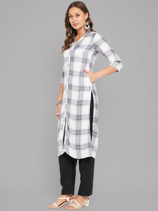 Women White & Grey Collar Neck Kurta - Kashyap Global Lifestyles LLP