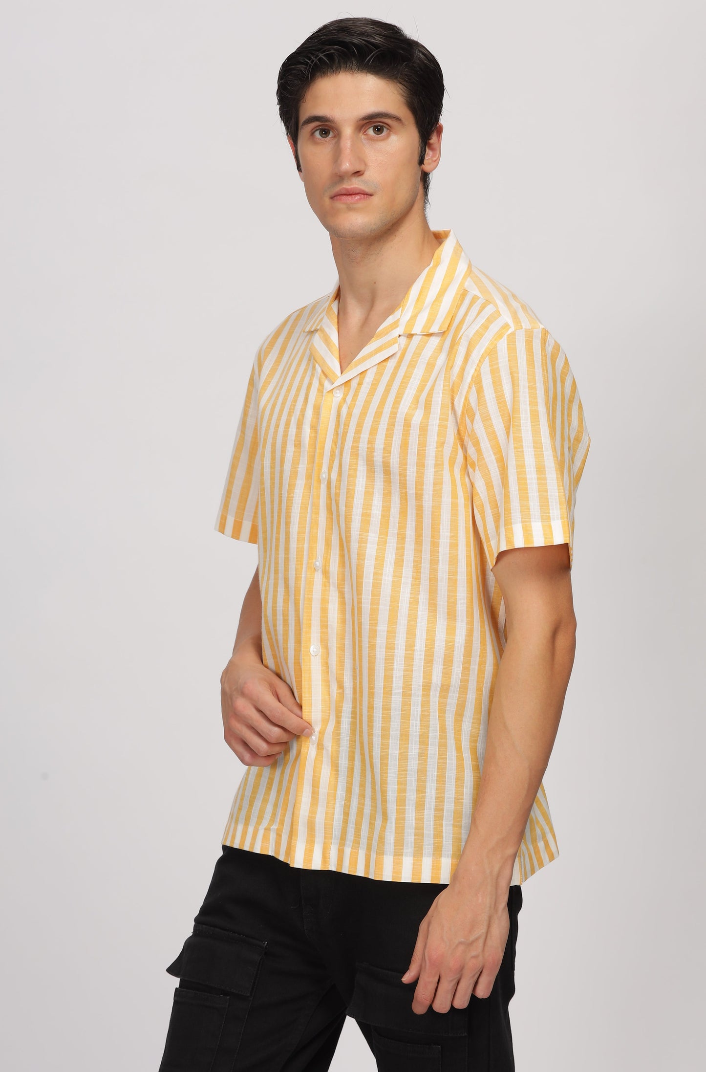 Uri Yellow Striped Cuban Collar Shirt - Kashyap Global Lifestyles LLP