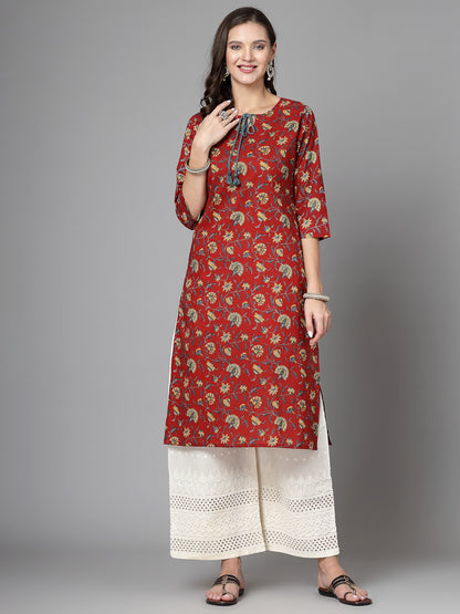 Women Red Floral Printed Tie-Up Neck Kurta - Kashyap Global Lifestyles LLP