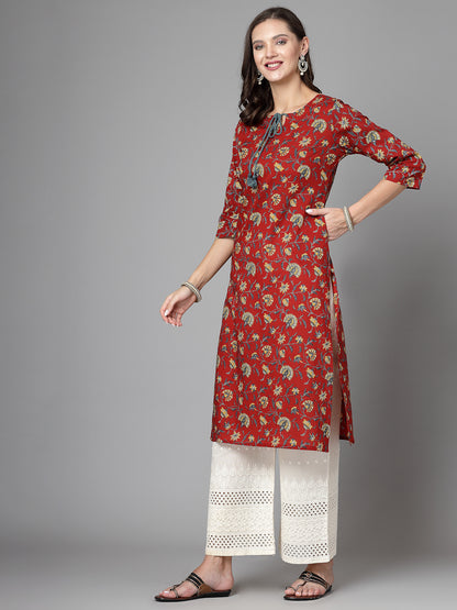 Women Red Floral Printed Tie-Up Neck Kurta - Kashyap Global Lifestyles LLP