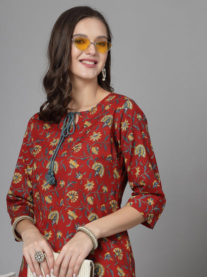 Women Red Floral Printed Tie-Up Neck Kurta - Kashyap Global Lifestyles LLP