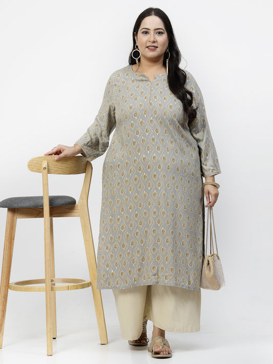 Women Plus Size Grey Ethnic Motifs Printed Kurta With Piping - Kashyap Global Lifestyles LLP