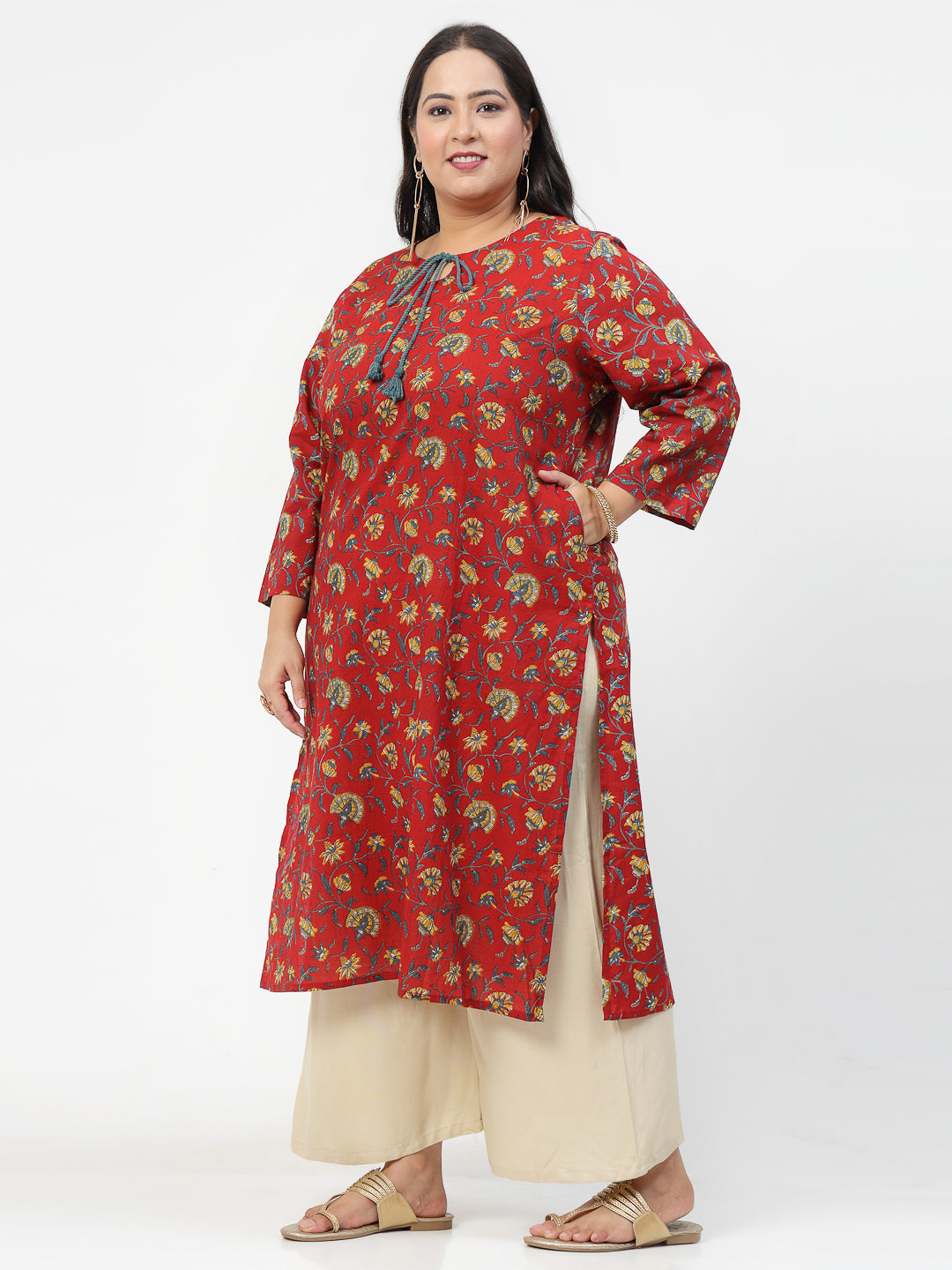 Women Plus Size Red Floral Printed Tie-Up Neck Kurta - Kashyap Global Lifestyles LLP