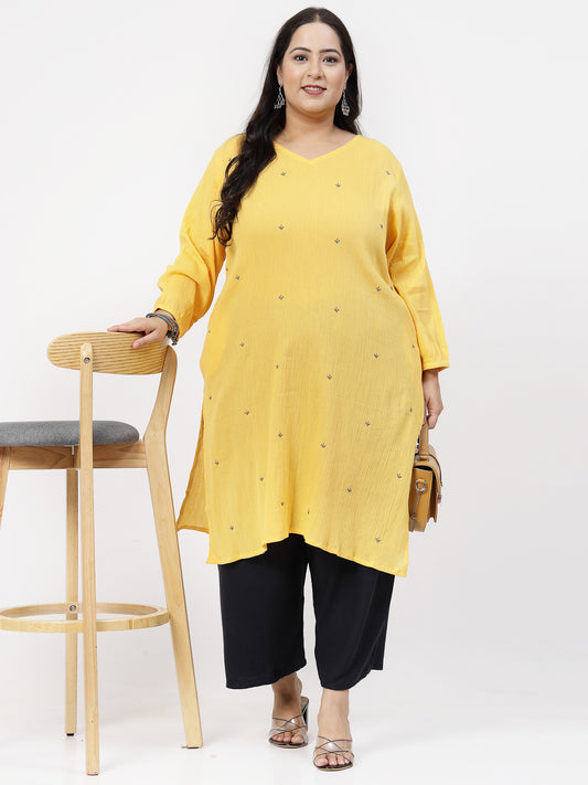 Women Plus Size Mustard Kurta With Embroidered Front - Kashyap Global Lifestyles LLP